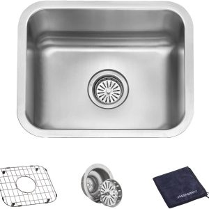Undermount Kitchen Sink Single Deep Bowl 18 Gauge T304 Stainless Steel 27 inch Wet Bar Sink with Protector Grid, 27" x 18" x 9" 17 4