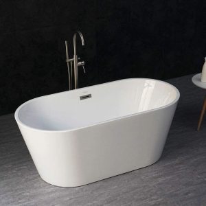 59" Acrylic Freestanding Bathtub Contemporary Soaking Tub with Brushed Nickel Overflow and Drain, B0014, White 10 2