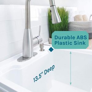 Utility Sink Laundry Tub With Cabinet In White, High Arc Stainless Steel Faucet, Storage Vanity With Slow Closing Doors, Large Washtub for Cleaning and Washing, Sinks for Garage, Basement, Work Room 15 4