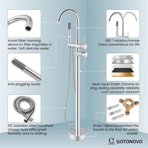 Freestanding Bathtub Faucet with Hand Held Shower Spray Polish Chrome Tub Filler Floor Mount High Flow Brass 25 8