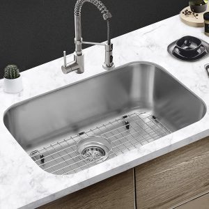 Undermount Kitchen Sink Single Deep Bowl 18 Gauge T304 Stainless Steel 27 inch Wet Bar Sink with Protector Grid, 27" x 18" x 9" 18 5
