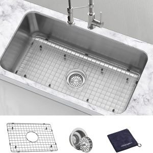 Undermount Kitchen Sink Single Deep Bowl 18 Gauge T304 Stainless Steel 27 inch Wet Bar Sink with Protector Grid, 27" x 18" x 9" 15 2