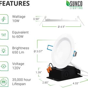 Sunco Lighting 24 Pack 4 Inch Ultra Thin LED Recessed Ceiling Lights Slim, 3000K Warm White, Dimmable 10W=60W, 650 LM, Baffle Trim Damp Rated, Canless Wafer Thin with Junction Box - ETL & Energy Star 16 5
