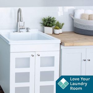 Utility Sink Laundry Tub With Cabinet In White, High Arc Stainless Steel Faucet, Storage Vanity With Slow Closing Doors, Large Washtub for Cleaning and Washing, Sinks for Garage, Basement, Work Room 14 3