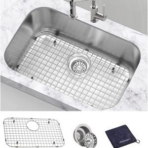 Undermount Kitchen Sink Single Deep Bowl 18 Gauge T304 Stainless Steel 27 inch Wet Bar Sink with Protector Grid, 27" x 18" x 9" 16 3