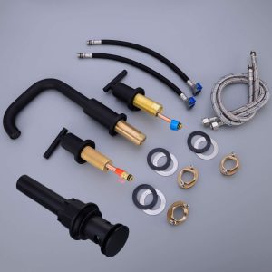 2-Handle 8 Inch Widespread Bathroom Sink Faucet, 3 Hole Brass Vanity Faucet with cUPC Water Supply Lines and Pop Up Drain Assembly, Matte Black 18 6