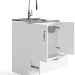 28 inch Deluxe Laundry Cabinet with Pull-out Faucet and Stainless Steel Sink with Storage Compartment and 1 drawer, for the Laundry room, Utility room, Transitional 13 3
