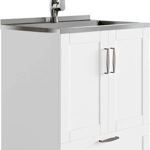 28 inch Deluxe Laundry Cabinet with Pull-out Faucet and Stainless Steel Sink with Storage Compartment and 1 drawer, for the Laundry room, Utility room, Transitional 12 2