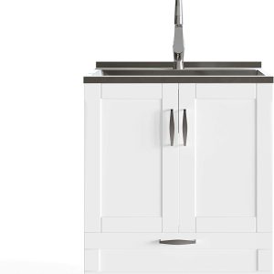 28 inch Deluxe Laundry Cabinet with Pull-out Faucet and Stainless Steel Sink with Storage Compartment and 1 drawer, for the Laundry room, Utility room, Transitional 17 7